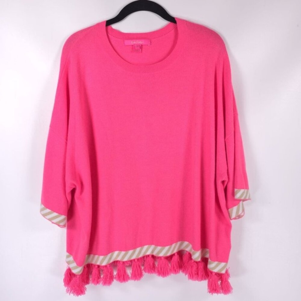 Lilly Pulitzer ILENE Knit Sweater 2% CASHMERE Karmic Coral Tassels 006504 MEDIUM